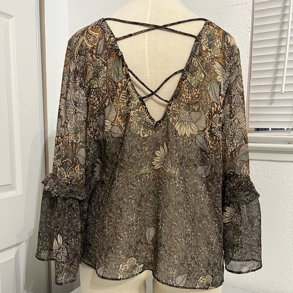 ZARA Paisley Brown Sheer Blouse Ruffle Bell Sleeves Size Medium Fairy 70’s flare - Picture 3 of 5